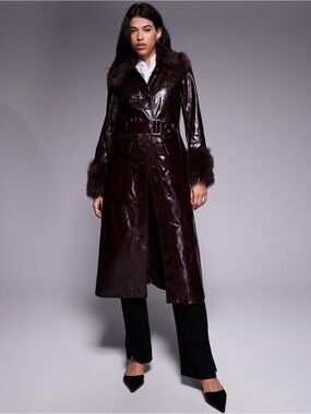 NWT River Island Somewhere to Go Faux Fur Trim Leather Trench Coat Dark Red Sz 2